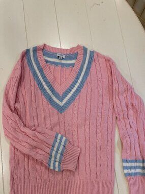 FATE Pink Cable Knit Varsity Stripe Sweater